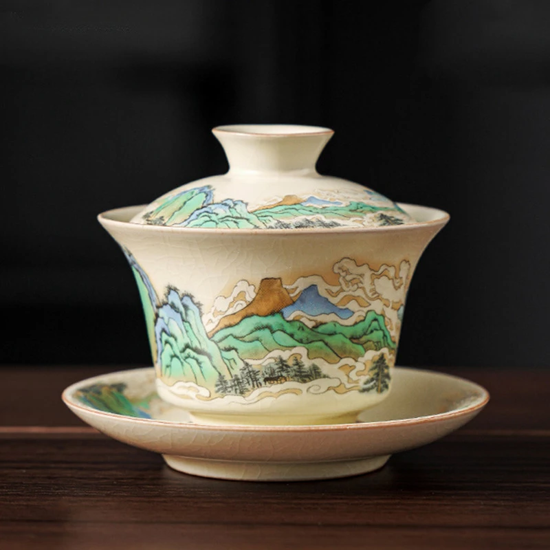 100ml Retro Blue and White Porcelain Gaiwan Chinese Ceramic Tea Bowl Home Tea Infuser Handmade Underglaze Color Set Teacup