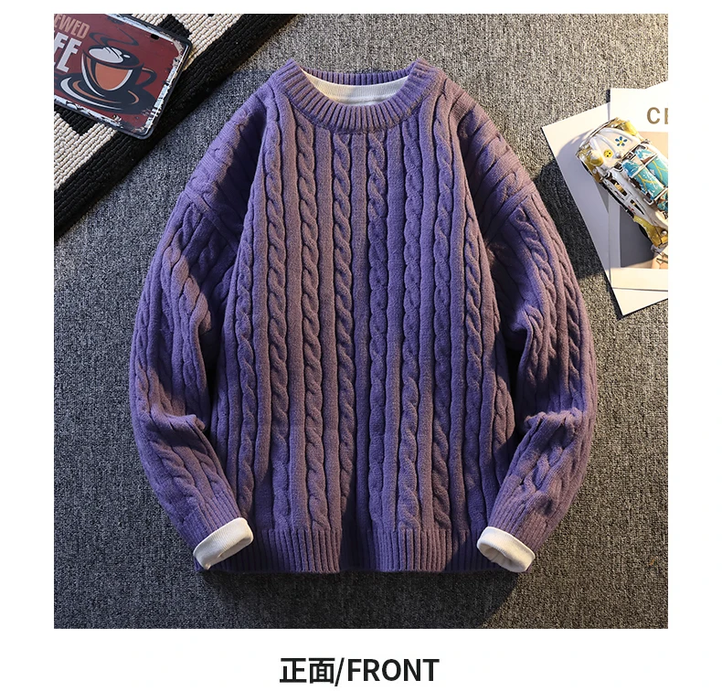 Neue Männer Zopfmuster Pullover Herbst Winter Diamant Muster Lose Fit Pullover Solide Mode Casual Streetwear Rundhals Pullover – Detail 16