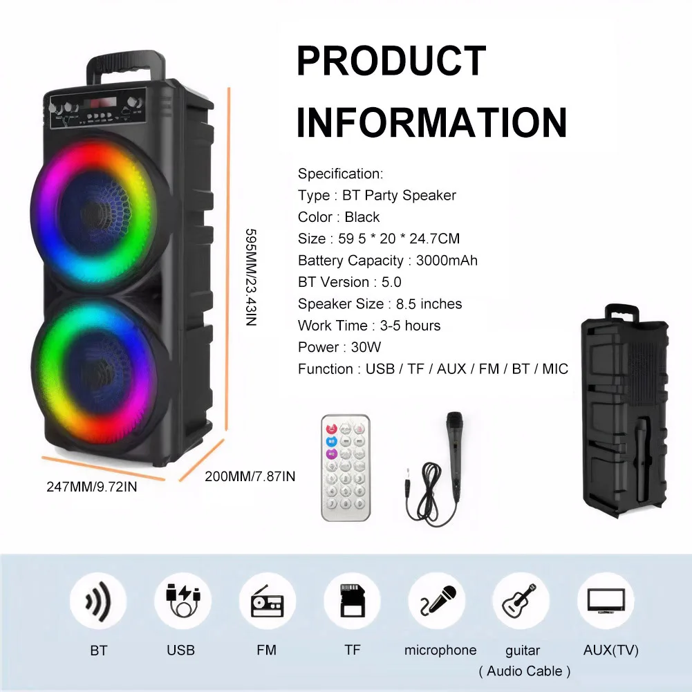 Portable Bluetooth Speaker USB/TF/AUX/FM/BT/MIC Loud Boombox Long Playtime Microphone In, Party Lights, USB, Radio, Remote