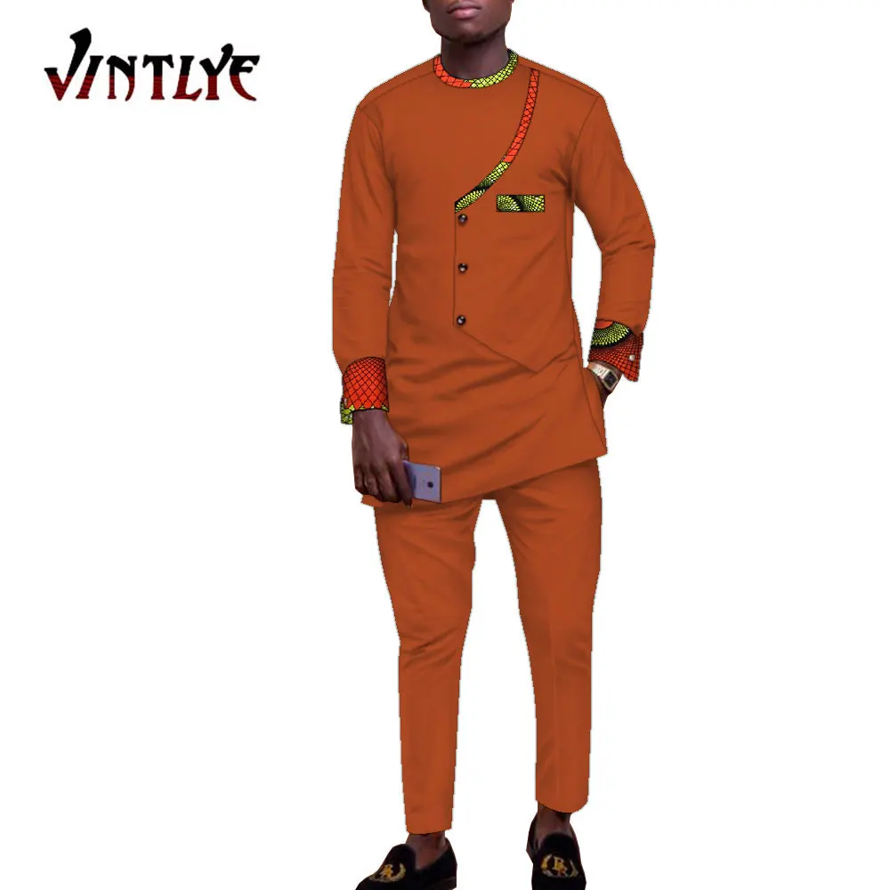 Bazin Riche African Clothes for Men 2 Pieces Set Long Sleeve Shirt and Trouser Set Dashiki Men Suits African Men Boubou WYN1615