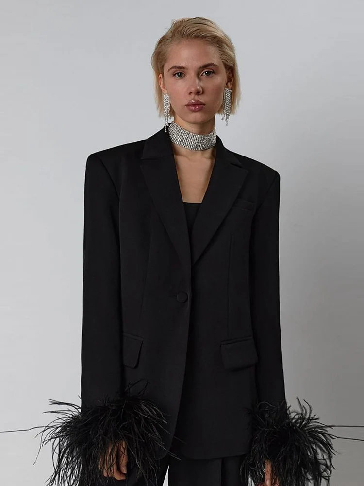 Sexy Feathers Blazer PantSuit Women Black Rose Red Feather Long Sleeve Blazer Jacket+Hihg Waist Pants Two Piece Sets Party Suits 3