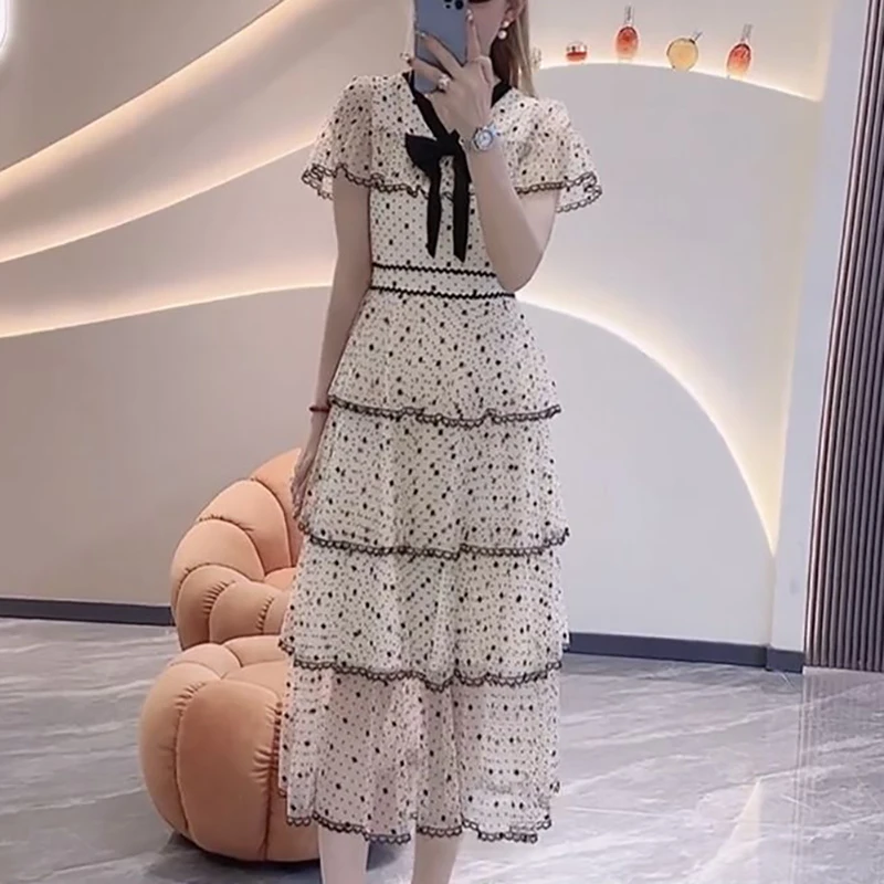 

Elegant V-Neck Bow Spliced Lace Gauze Ruffles Party Dress Women's Clothing 2024 Summer New Loose Butterfly Sleeve Floral Dress