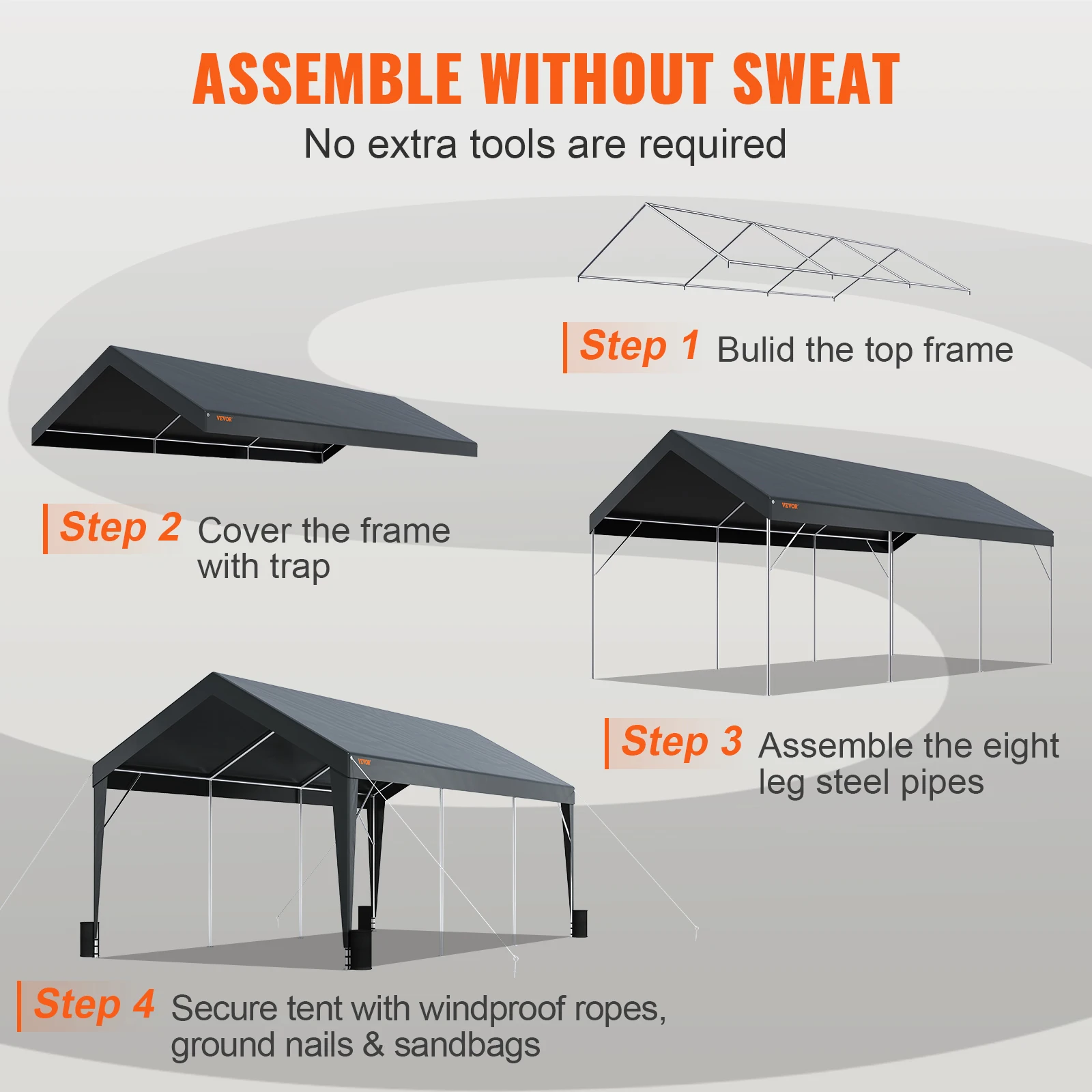 Waterproof Tarps VEVOR Carport 10x20ft Heavy Duty Car Canopy Garage 8 Reinforced Poles 4 Weight Bags UV Resistant