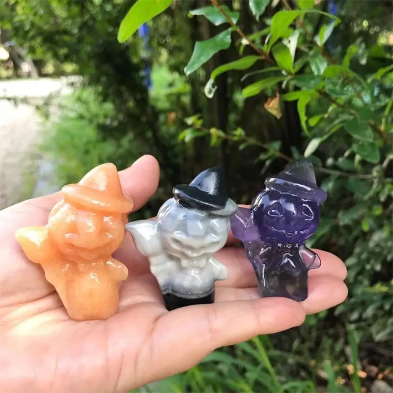 

Natural Carved Crystal Pumpkin Witch Quartz Figurine Healing Crystals Feng Shui Halloween Decoration Luck Art Gifts 1pcs