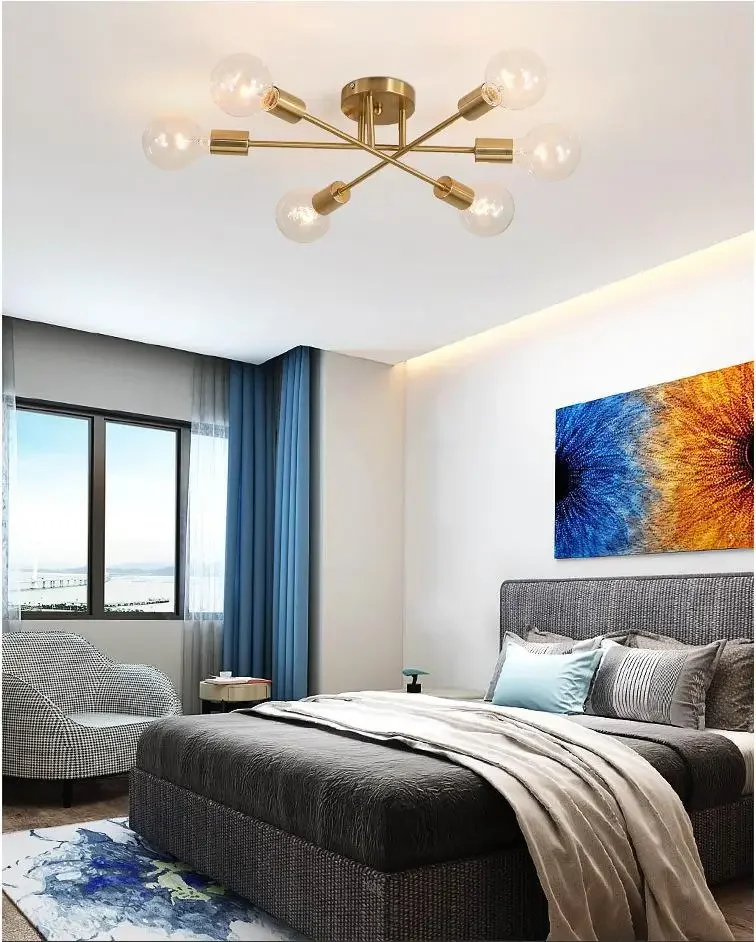 Modern Ceiling Lights Fixture Nordic Semi Flush Mount Lamps Brushed Antique Gold Lighting 6-Light Home Decor for Living Room Bed