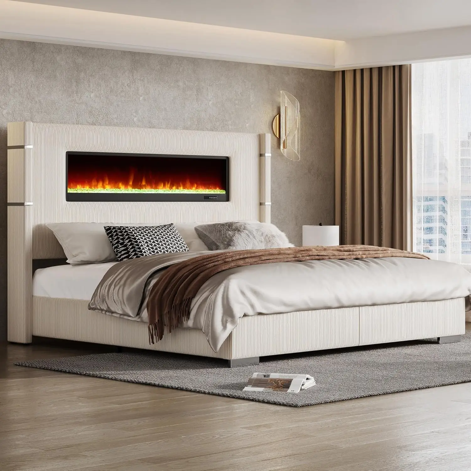 Modern King Size Bed Frame W/Fireplace, Wingback Platform Bed Frame W/60.4“ Extra Tall Headboard,Corduroy Upholstered Bed Frame 3