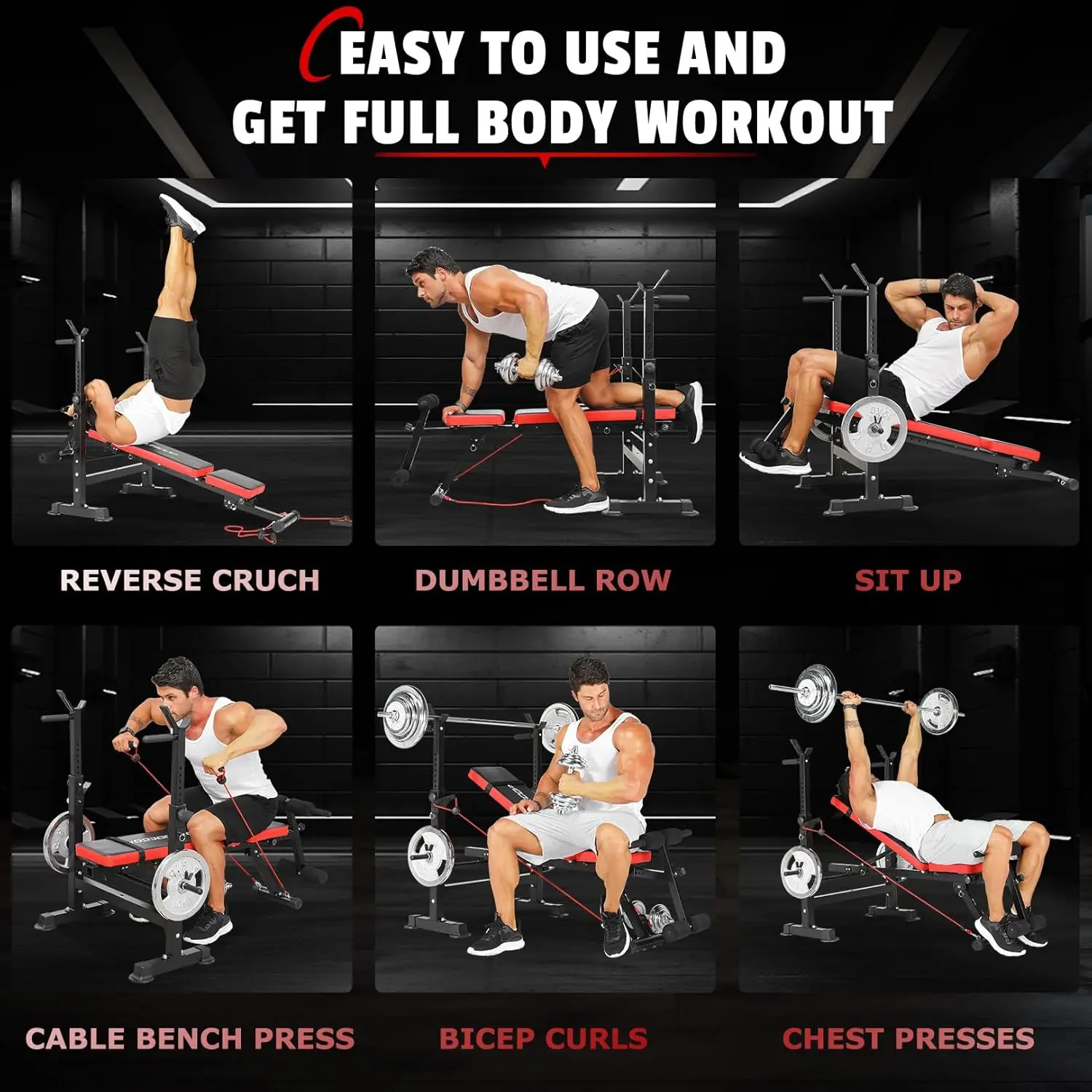 Adjustable Weight Bench Set with Squat Barbell Rack, Removable Foot Bracket, 600lbs 6 in 1 Weight Bench, Foldable Work