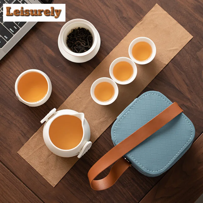 Creative Penguin Duck Ceramic Travel Tea Set Kit Ancient 1 Pot 4 Cups Tea Maker Organizer Portable Camping Tote Bag Ornaments
