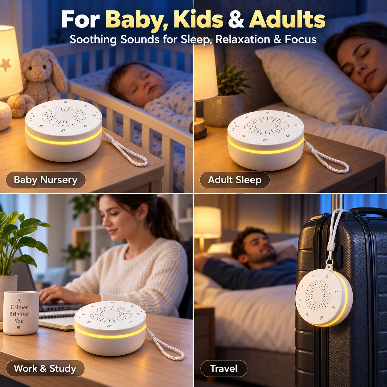 Portable White Noise Sleep Soother with Night Light - 30 Calming Sounds, Rechargeable, Timer & Child Lock Features