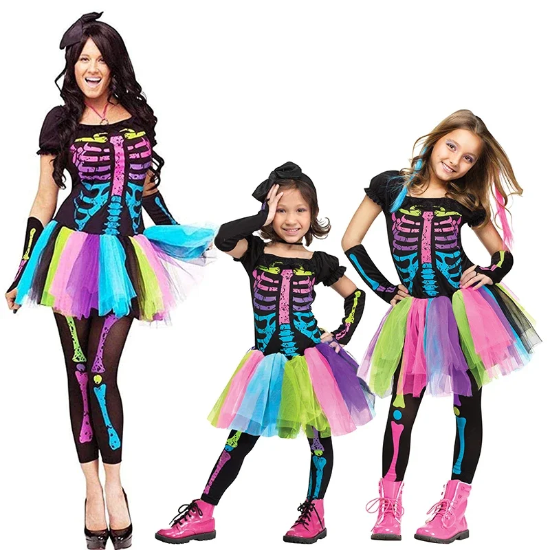 

Весёлые костюмы для девочек, малыши, Радужный скелет, маскарадное платье, костюм на Хэллоуин для семьи, Новое поступление 2024