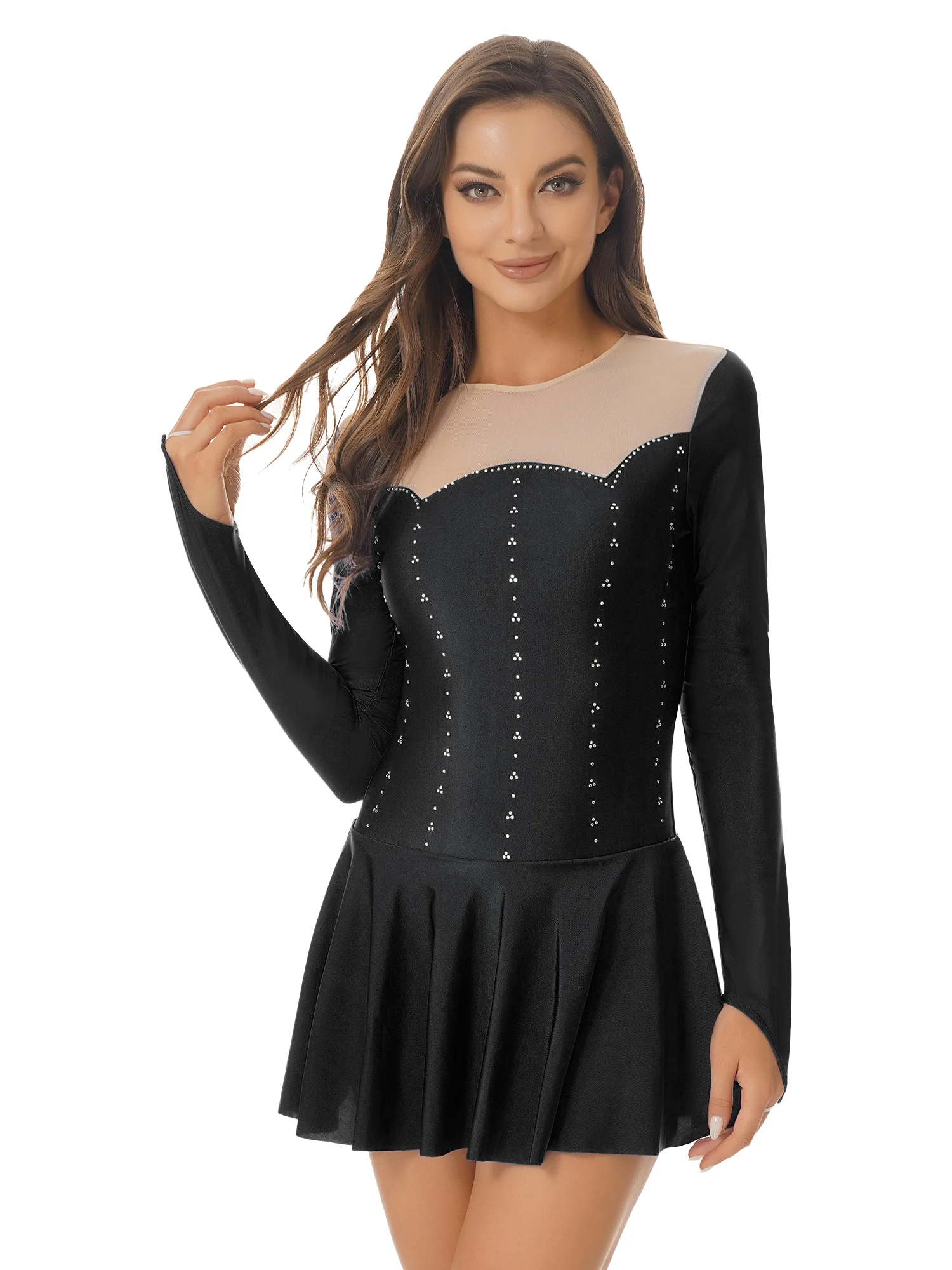 S-XL Womens Sheer Mesh Patchwork Glitter Rhinestone Dance Dress Figure Skating Costume Round Neck Long Sleeve Dresses