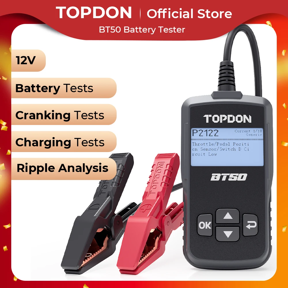 Tester Per Batterie Per Auto Topdon Bt50 Da 12V 100 A 2000Cca Tester Di Ricarica Circut Analizzatore Di Batterie Strumenti Per Batterie