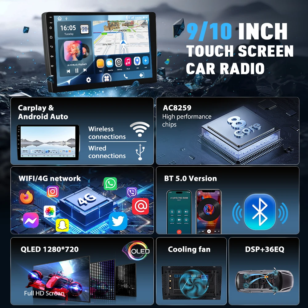 Reproductor Multimedia para Auto Android 2DIN Podofo 8+128G para Peugeot 308 408 2007-2015, Navegación GPS, Carplay, Android Auto, WIFI, DSP, FM, RDS, Bluetooth 3