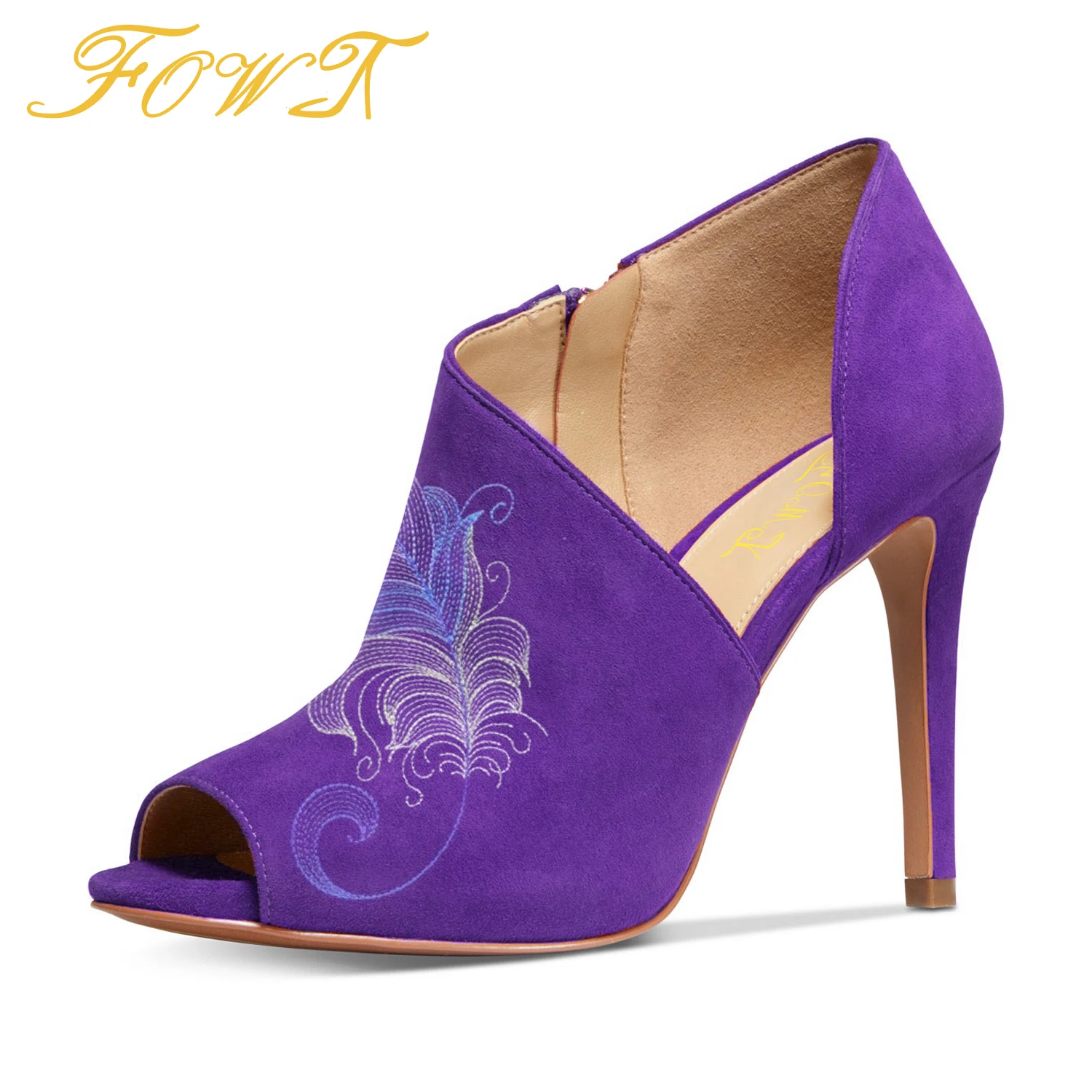 

Purple Embroidery Sexy Stiletto High Thin Heels Women's Pumps Peep Toe Boots Ladies Summer Mature Zipper Shoes Large Size 11 12
