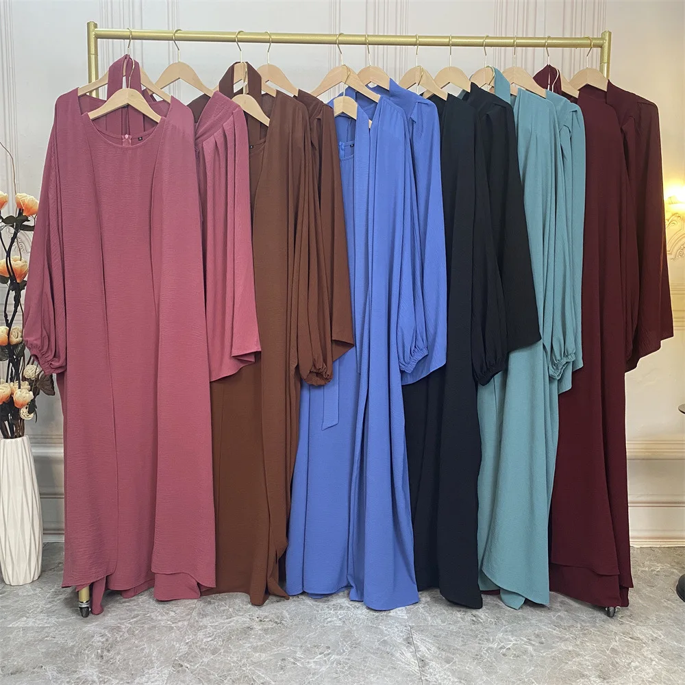 3 Pieces Matching Outfit Muslim Sets Crinkle Crepe Abayas for Women Dubai Turkey Open Abaya Hijab Dress Wrap Skirt African Islam