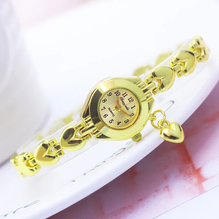 Luxury Woman Lady Gold Love Pendant Bangle Bracciale Orologi Da Polso Giovani Ragazze Femminili Moda Regali Impermeabili Orologi Con Cinturino Sottile