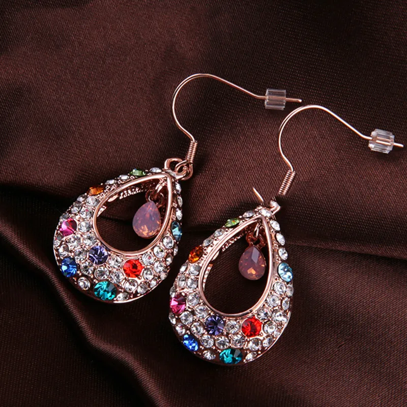 Grandi Orecchini A Goccia D'Acqua Per Le Donne Princess Hollowout Multicolor Crystal Rose Gold Color Wedding Bride Fashion Jewelry E091