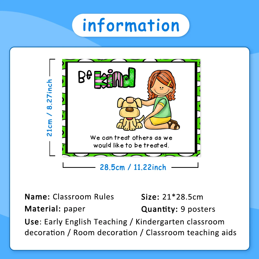 9Pcs Classroom Rules Educational Posters for Preschool Home Classroom Wall Decor Teacher Teaching Aids Montessori Learning Toys 2
