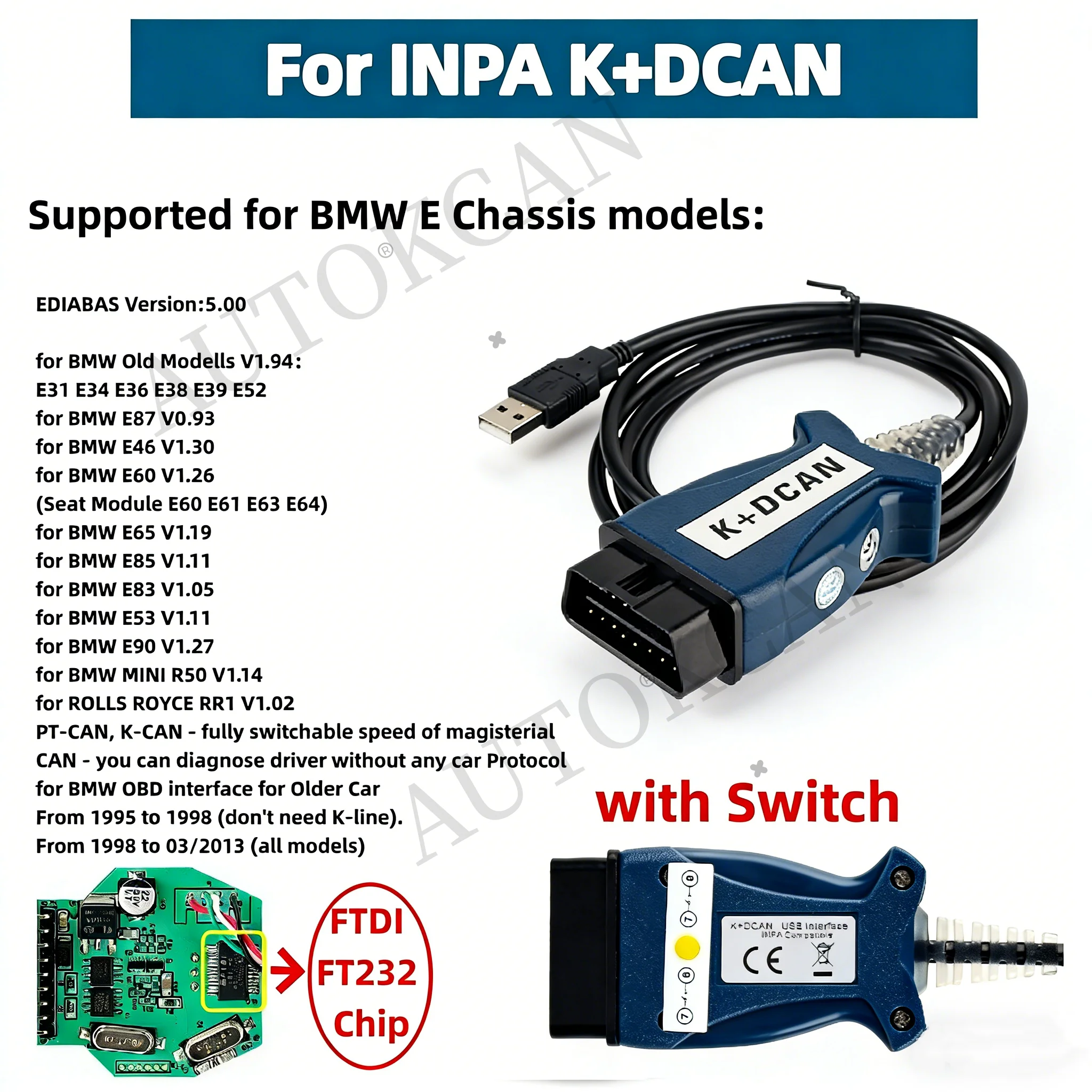 For INPA Cable K+DCAN Cable with Switch USB Interface OBD2 Diagnostic Cable OBD II Adapter Cable Code Reader Diagnostic Tools 1