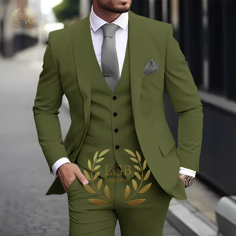 Men's Khaki 3-Piece Suit Classic Peak Lapel Business Formal Wedding Groom Slim Fit Elegant Gentleman Style Fashion Blazer - Image 26