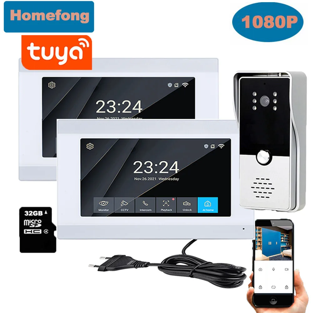 Homefong  1080P Wifi Video Intercom Wireless 7 inch Indoor Monitor Video Door Phone Tuya Smart Mobile Remote Control Unlock Call