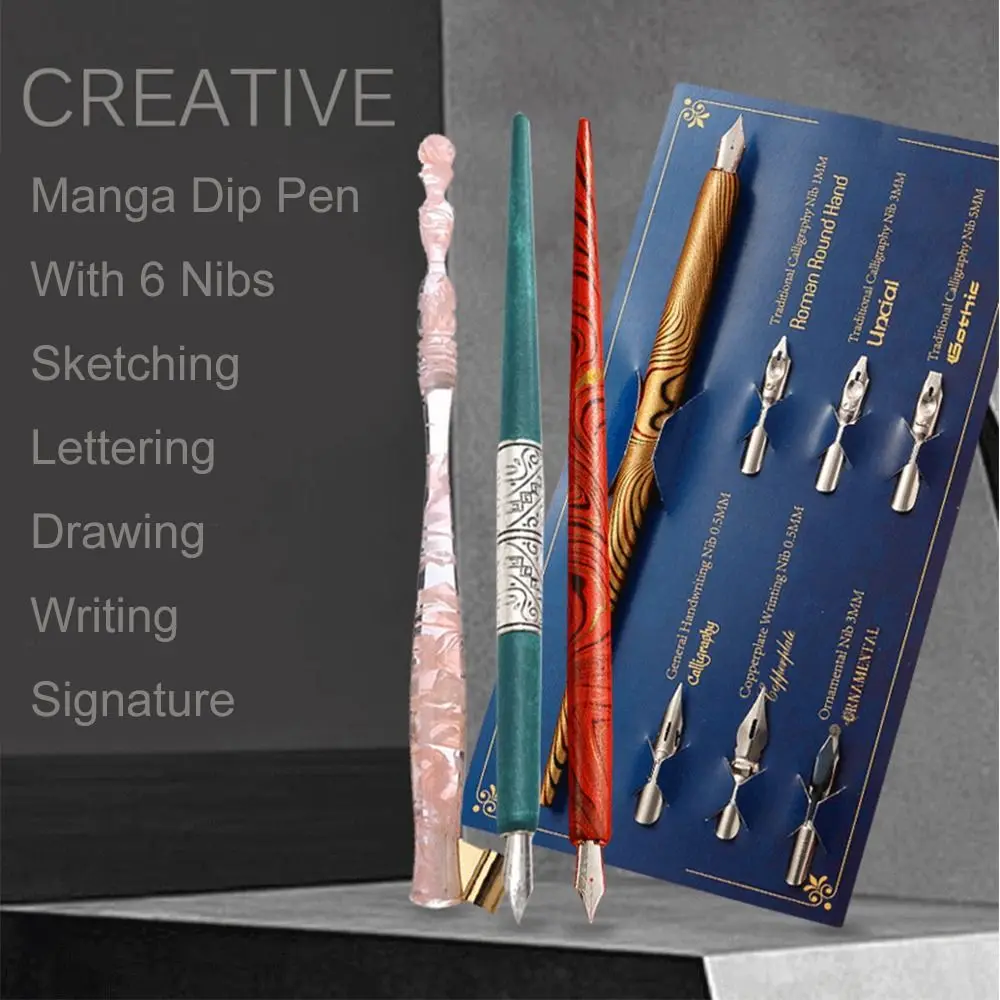 Calligraphy Dip Pen Holder+6 Nibs for Lettering Sketching Drawing Kit Fountain Pen Stationery Supplies