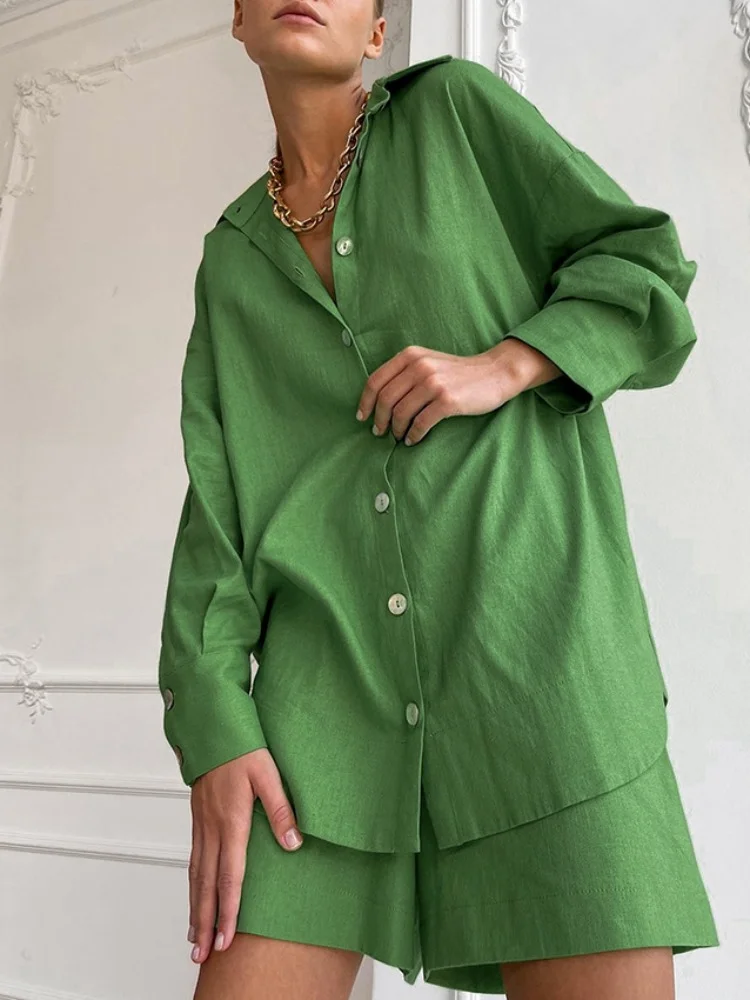 

Summer Women's Suit 2 Piece Shorts Set Woman Two Pieces Casual Elegant Cotton Loose Solid Color Shirt Shorts Set for Women 2023