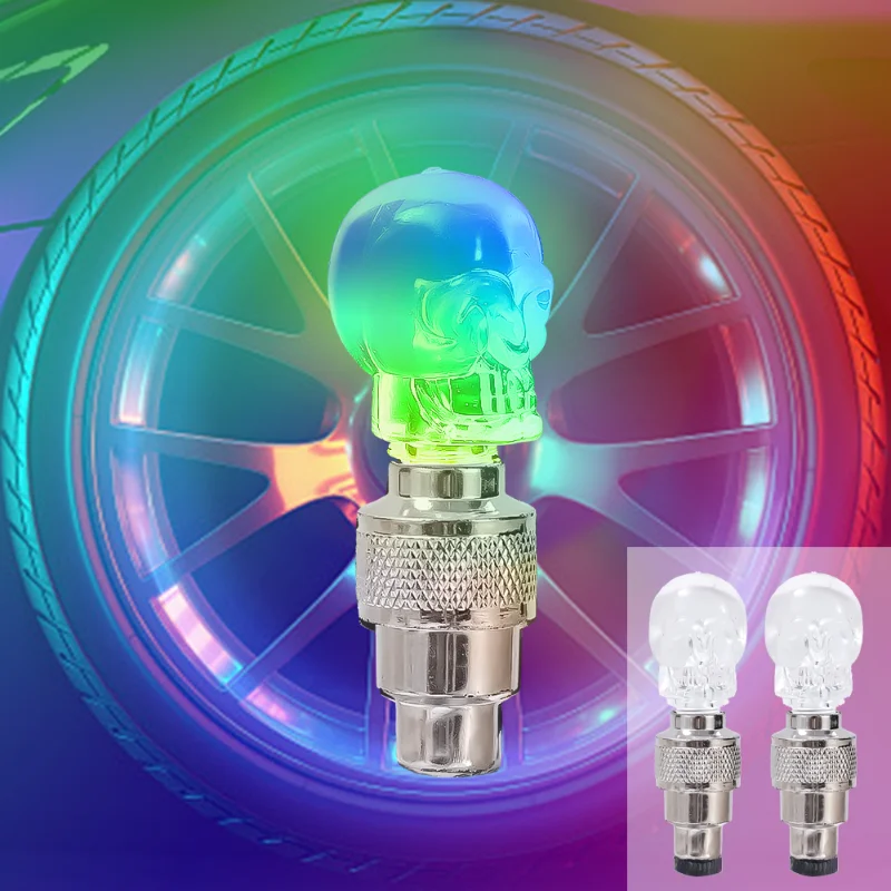 

2pcs Colorful Skull Lights Car Wheel Motorcycle Bicycle Tire Decorative Lamp Tyre Air Valve Stem LED Light Cap Dustproof Cover