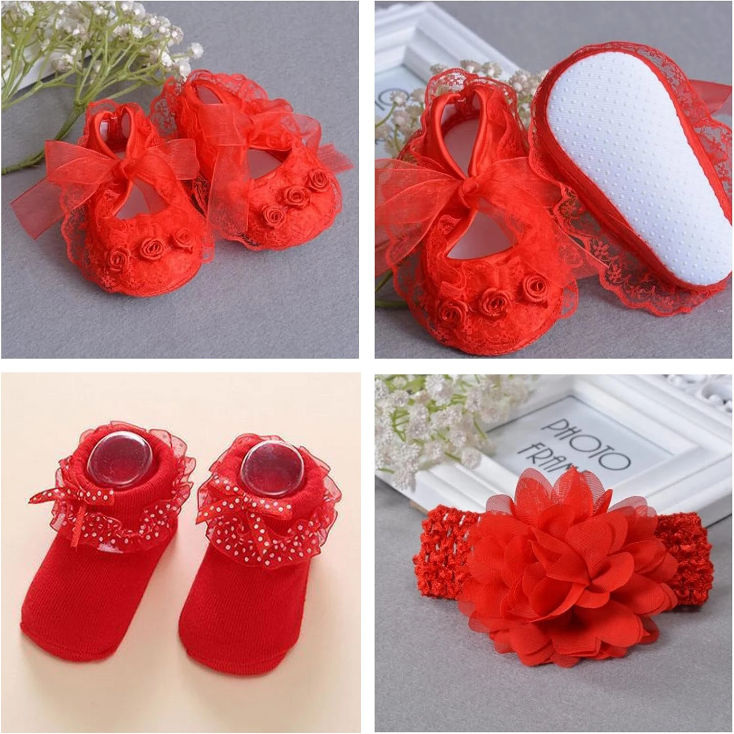Newborn Baby Girl Shoes Socks Headband Princess Party Lace Floral Soft  Toddler Kid 0-12M Pink Red Shoes 0 3 6 Months 6