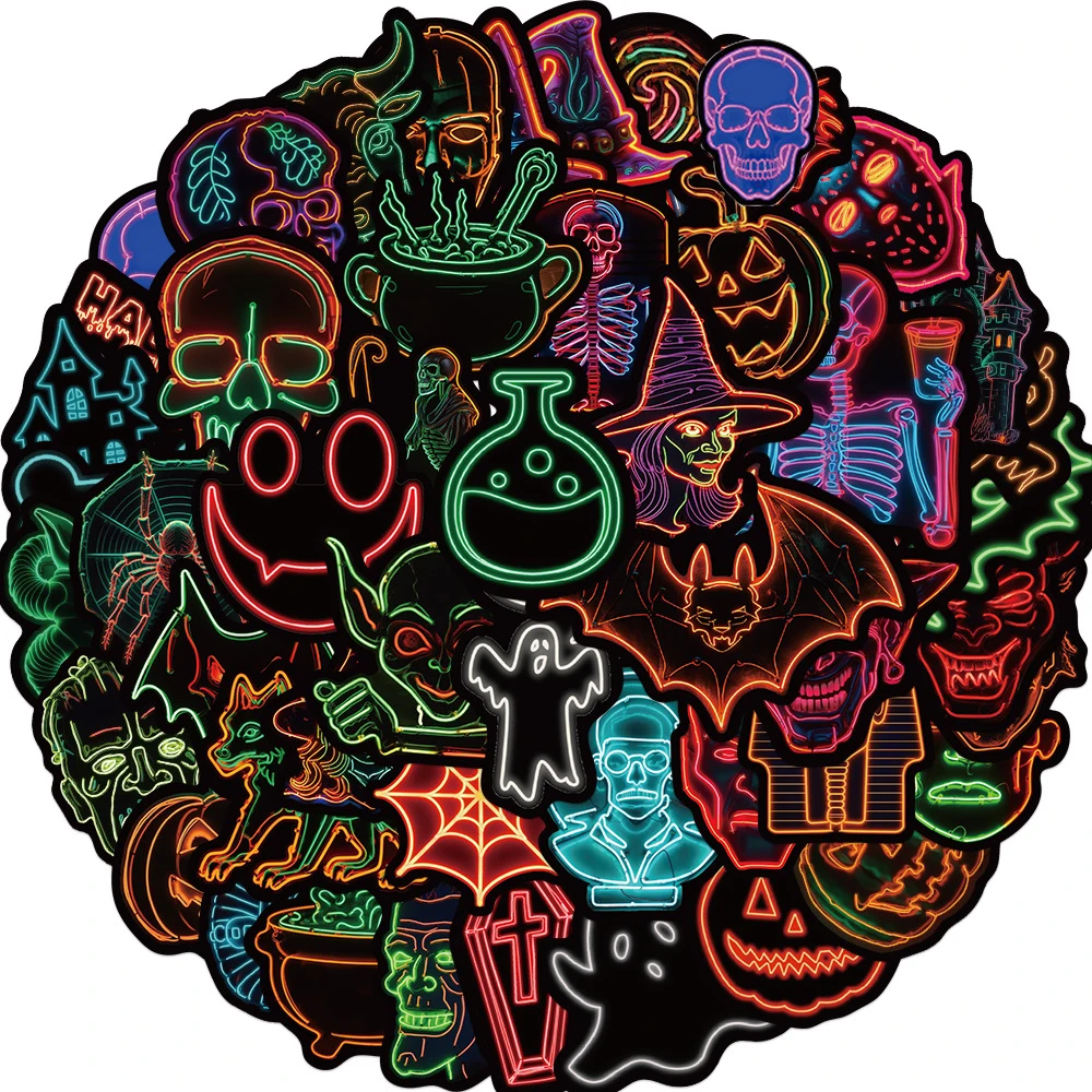 

10/30/50pcs Neon Light Magic Witch Sticker Cool Halloween Graffiti Sticker Car Skateboard Phone Waterproof Cartoon Toy Decals