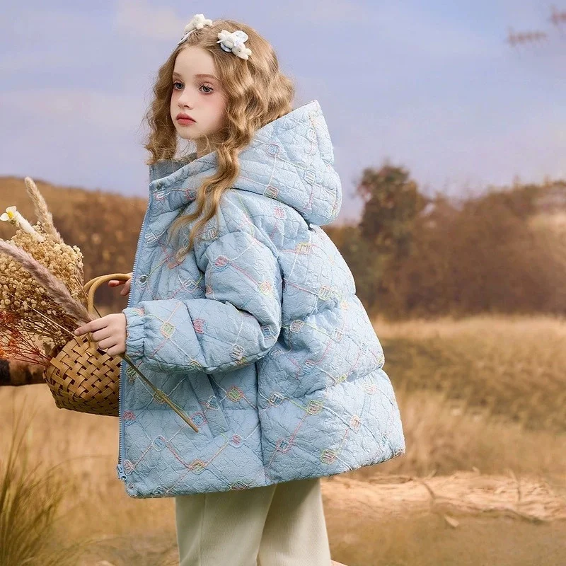 5-12세 여아용 플로럴 다운 코튼 재킷 겨울 신상 아동 후드 브레드 코트 프린세스 두꺼운 파카 120-170cm