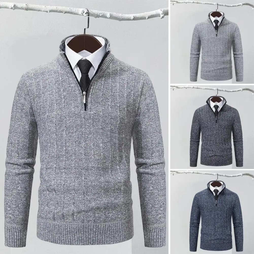 

Men Solid Color Sweater Thick Warm Men's Sweater Zipper Design Stand Collar Long Sleeve Pullover Ideal for Autumn Winter Casual