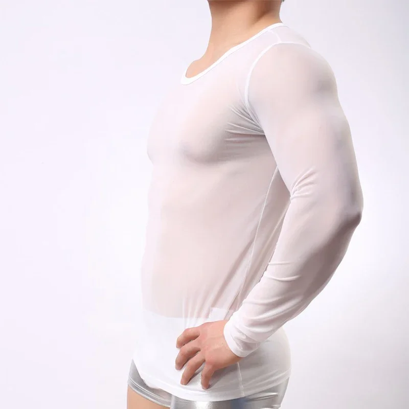 Men Undershirt Sexy Mesh Transparent Sheer Shirts Long Sleeves Slip Homme T Shirts Ondergoed Hemd Gay Top Tee Underwear Clubwear