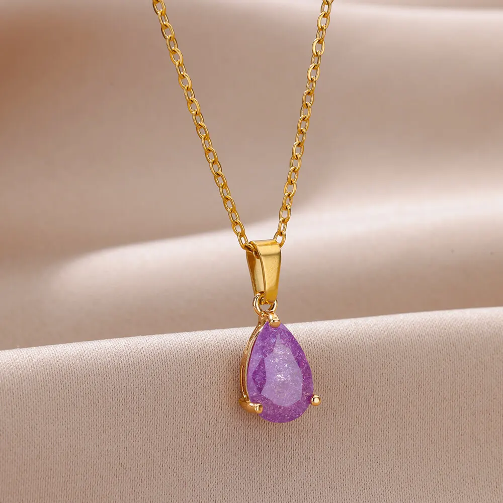 Zircon Teardrop Necklace Gold Plated Stainless Steel For Women Wedding