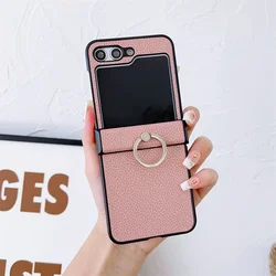 Luxury Litchi Grain Leather Case with Metal Ring Rotating Stand for Galaxy Zflip5 (Pink)
