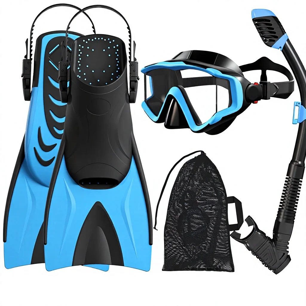 4 in 1 Kids Snorkel Set, Silicone Anti Fog Mask, Dry Snorkel Adjustable Fins Travel Bag for Youth Underwater Use