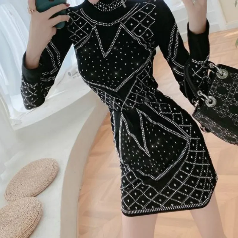 Women Autumn Winter 2 Piece Set Sexy Shiny Diamonds Female Fashion Chic Solid Knitted Long Sleeve Tshirt+Above Knee Skirt Suit
