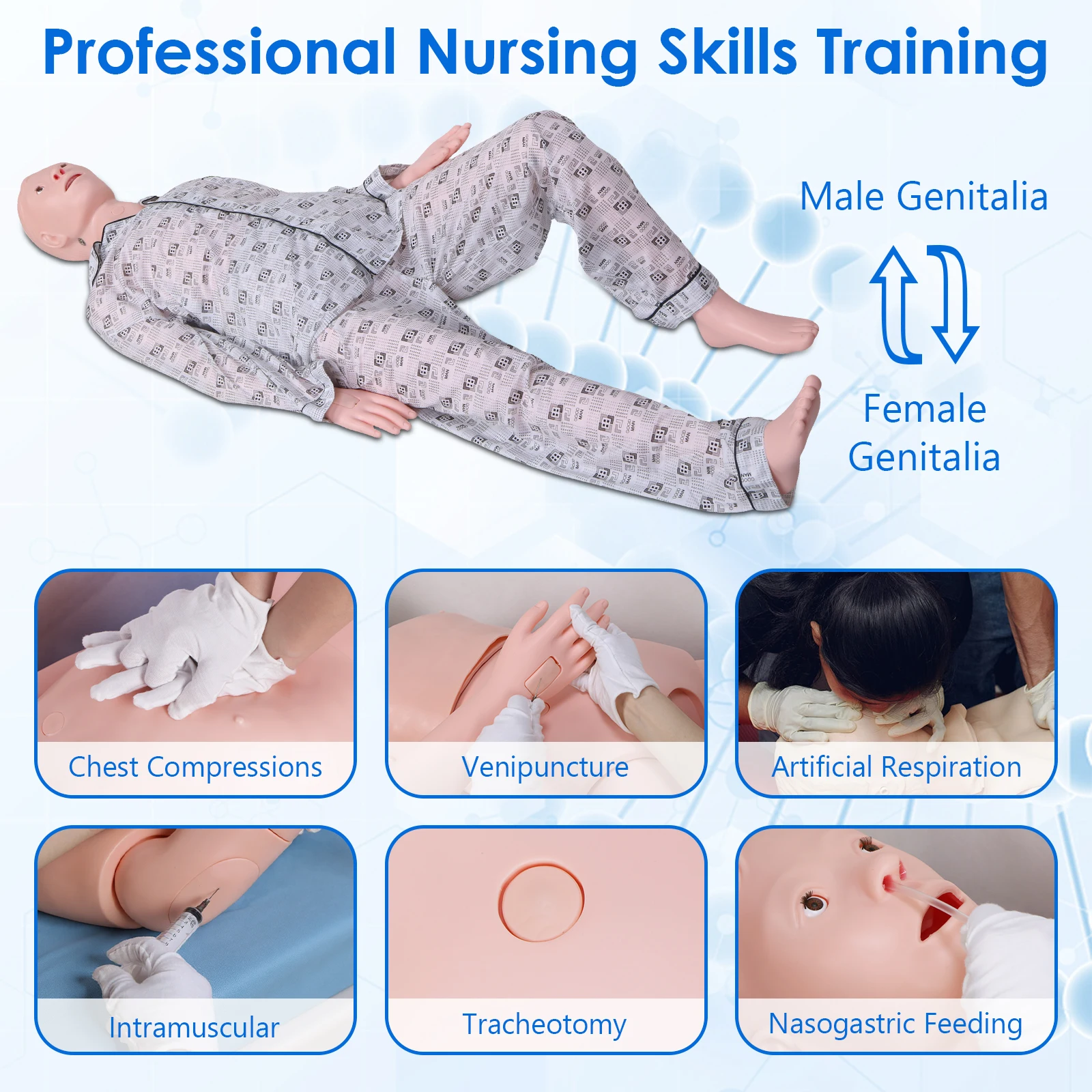 Nursing Training Manikin for Teaching Male-Female Nursing Patient Care Manikin with 3 Muscle Module & Hospital Gown & Urinary