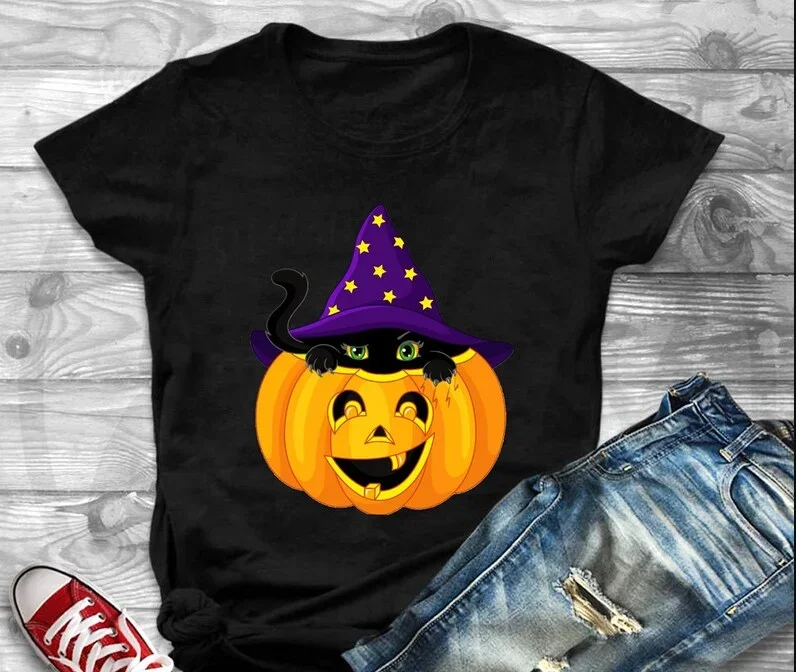 

Halloween Black Cat Kitten Pumpkin Halloween Witch Funny Shirt Party Scary Ghost Mama Top Tees O Neck Cotton Mother Casual Shirt
