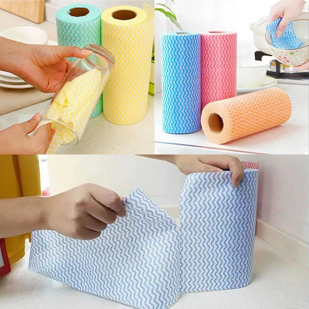 

50 Pieces/Rolls Non-woven Fabric Oil-free Disposable Dish Towels Kitchen Cloth Rolls Scouring Pads Cleaning Rags