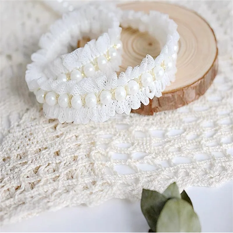 2CM Wide White Mesh Pleated Fabric Glitter Beaded Fringe Lace Edge Trim Garment Collar Ribbon Wedding Dress DIY Applique Decor