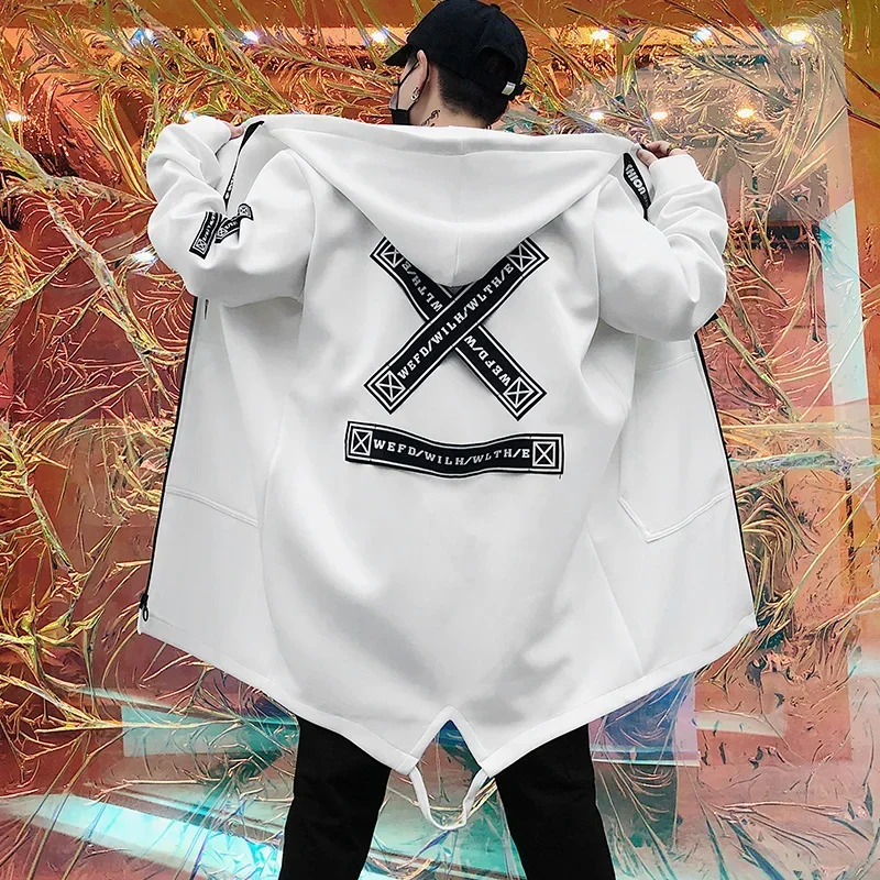 Customizable Spring Autumn Men Hooded Jackets Print Windbreaker Ribbon Overcoat Male Casual Outwear Hip Hop Streetwear Coats trench coat warmth coat waterproof windbreaker jacket casual men jacket outdoor jackets