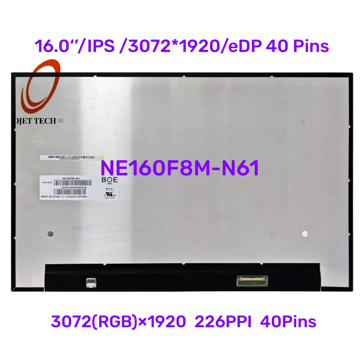 

Original NE160F8M-N61 EDP 16 Inch Laptop 40Pin 3K 3072x1920 IPS Ultra-Thin Border LCD Screen Matrix Display Panel