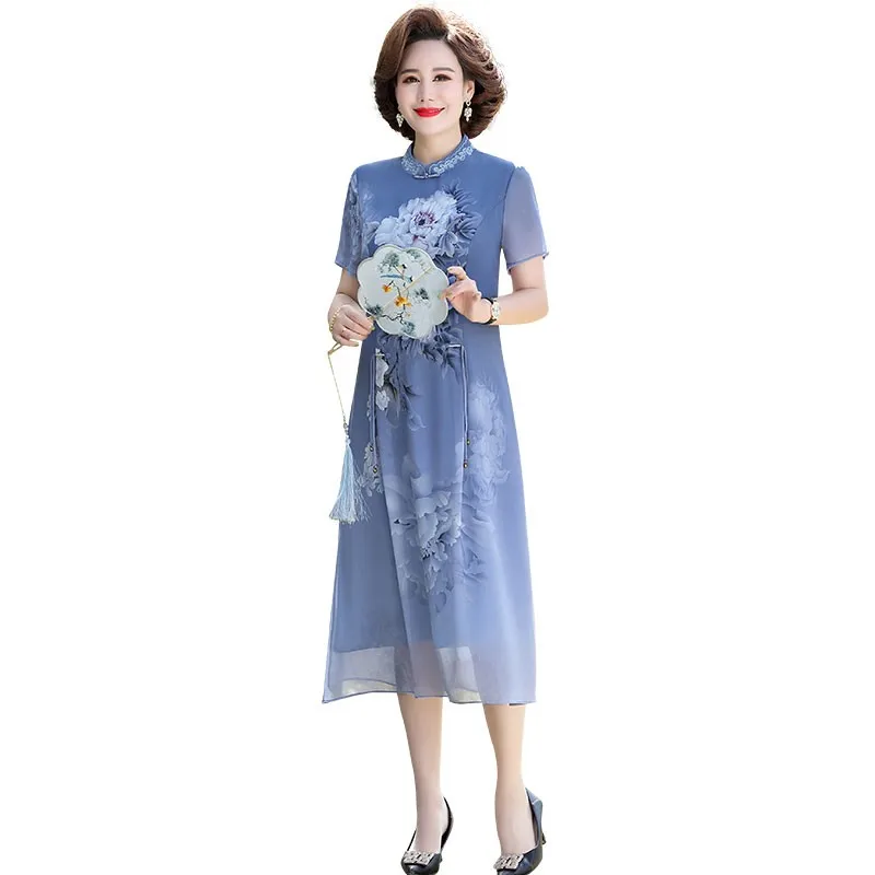 

New Chinese style dress women long summer new Short-sleeved dress ladies improved cheongsam dress imitation silk elegance