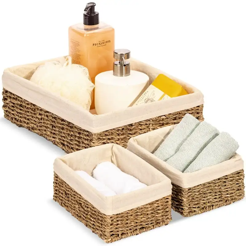 

of 3 Storage Basket Organizer - Decorative Stackable Woven Wicker Bins with Liner (Natural Color) Canastas de mimbre Rope basket