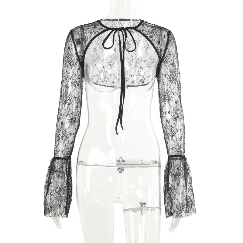 Fantoye Sexy Durchsichtig Spitze Zwei Stück Sets Frauen Kleid Schwarz Langarm A-line Kleid Weibliche Herbst Neue Elegante Party Clubwear – Detail 13