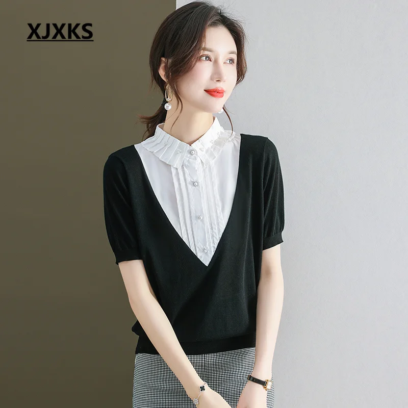 

XJXKS Fashion Splicing Lapel Ladies Short-sleeved Top 2023 Summer New High-quality Mulberry Silk Women's T-shirt