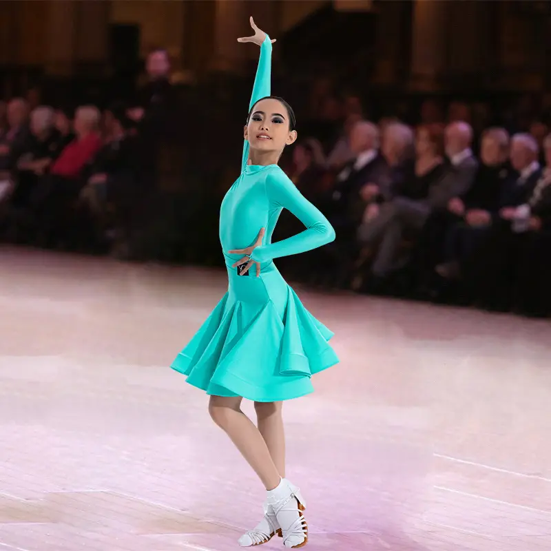 Girls Latin Dance Competition Clothing Glossy Fabric Long Sleeves Dance Dress Kids Cha Rumba Dance Practice Training Wear - Image 18