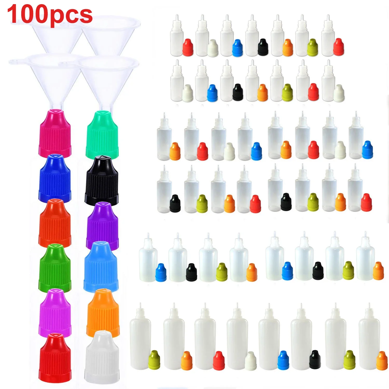 

100Pcs 5ml-120ml LDPE Dropper Bottles Plastic Empty Squeezable Juice Refillable Eye Liquid Drop E Containers CRC Caps Funnels