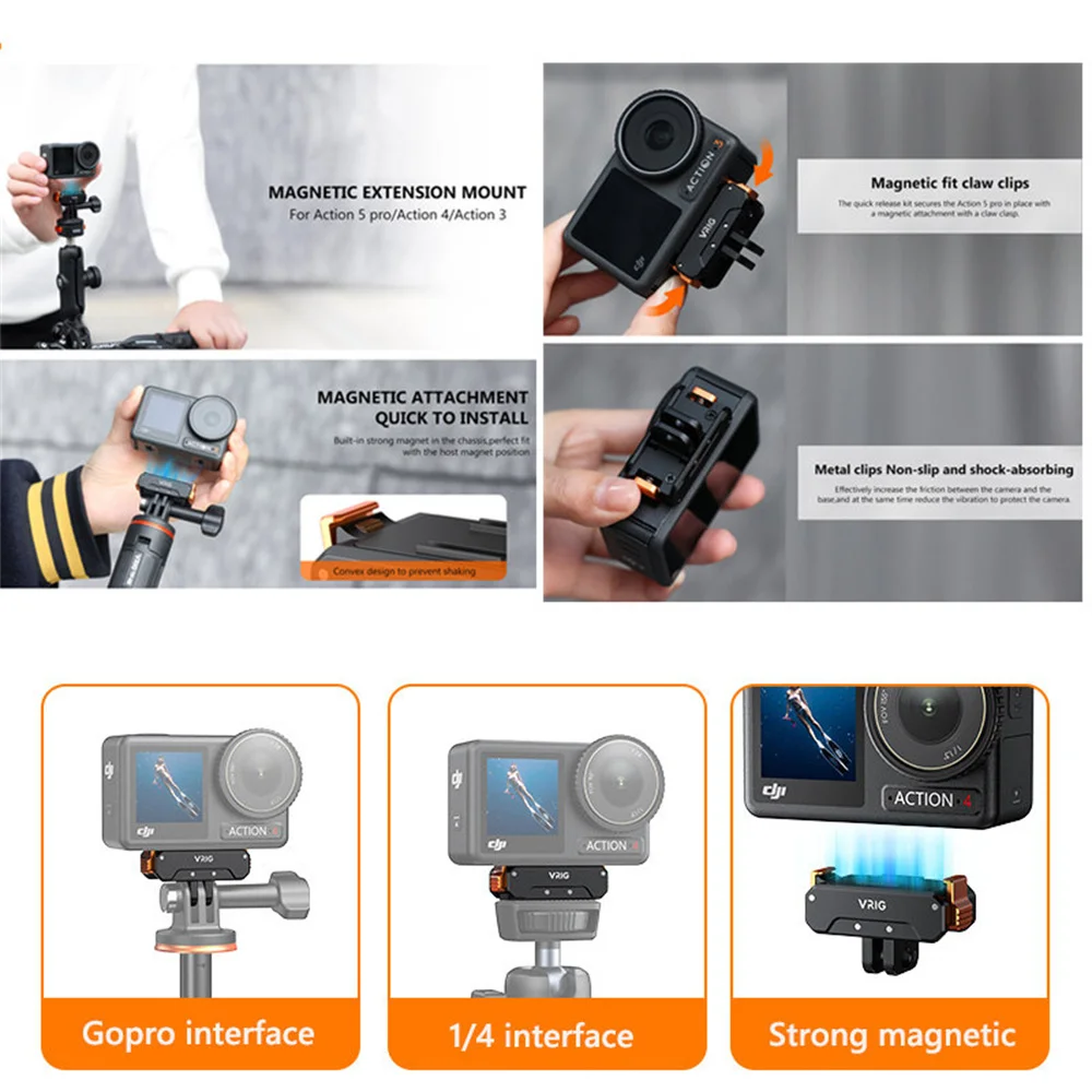 VRlG Quick Release Magnetic Adapter for DJl Action 5 Pro/4/3 Base W 1/4"'screw Gopro Expansion Mount Action Camera Accessories